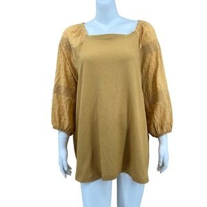 Soleillee Top Womens 2X Mustard Gold Textured‎ Balloon Sleeve Boho Summer Casual